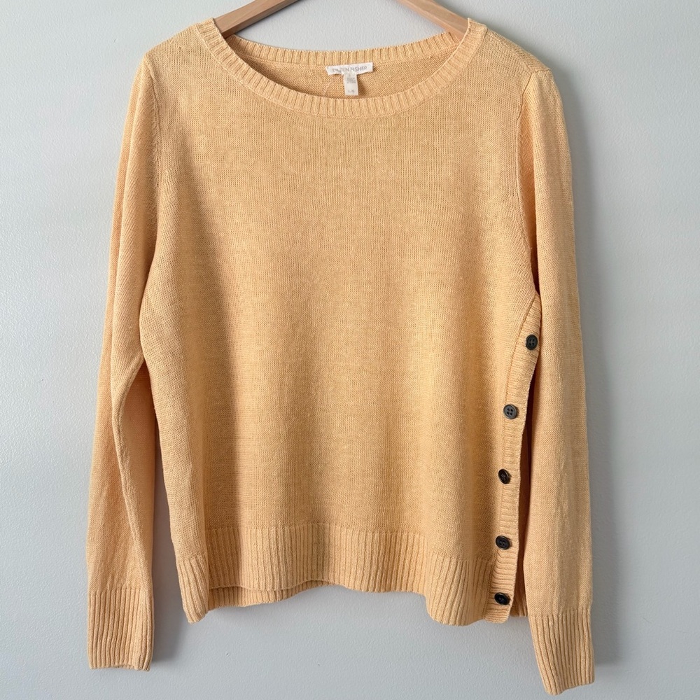 Eileen Fisher 100% Linen Sweater Yellow Side Buttons Sz L
